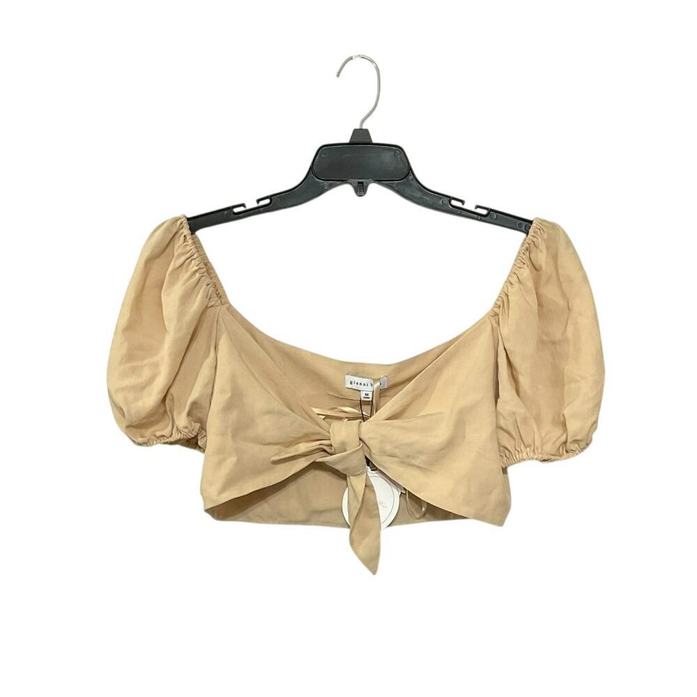 NWT Gianni Bini Tan Linen Blend Crop Tie Front Top Short Puff Sleeves Medium